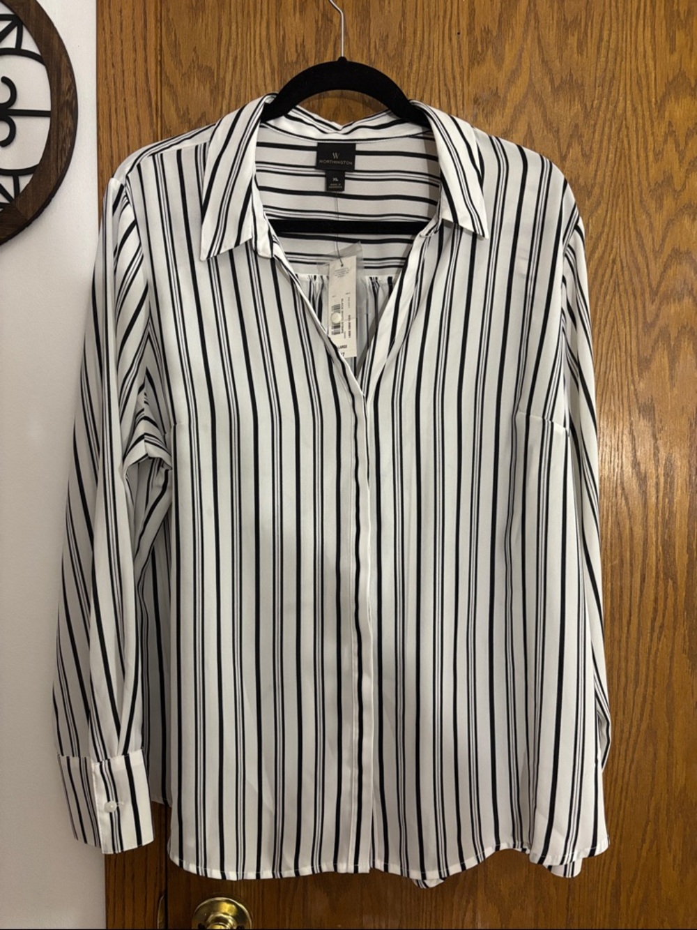 White & Black Vertical Stripe Button-Up Blouse XL